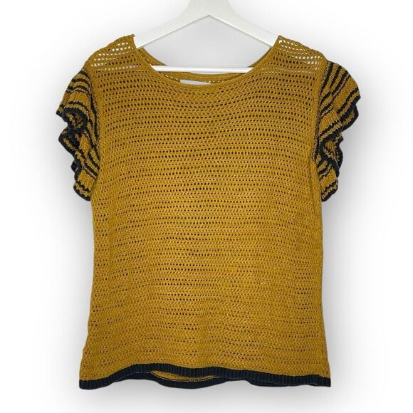 LOFT Loft Ann Taylor Crochet Ruffle Sleeve Top Orange Yellow Blue Women’s Small - Picture 2 of 13